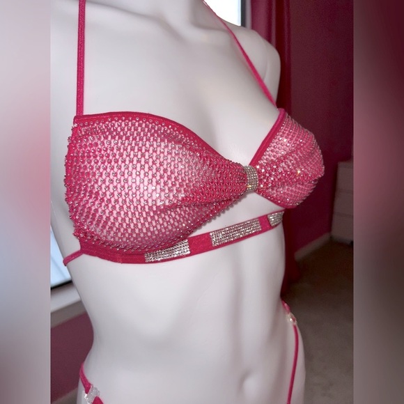 Barbie Rhinestone Pink Bow Bra 🎀 thong set Custom, Handmade, XS - Picture 5 of 10